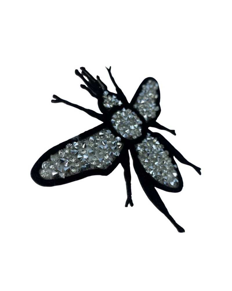 Iron-on Application Patch Fly Design Black Silver Rhinestones 10 Cm