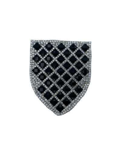 Applicazione Termoadesiva Patch Scudetto Pietre Strass 70x55 Mm Argento Nero