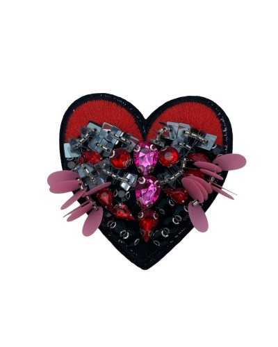 Application Iron-on Patch Embroidery Red Thread Heart Sequins Rhinestones Black Background 7 Cm