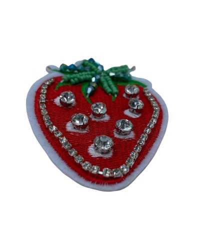 Application Ecusson Thermocollant Fraise Rouge Broderie Perles Strass Cm 8x6