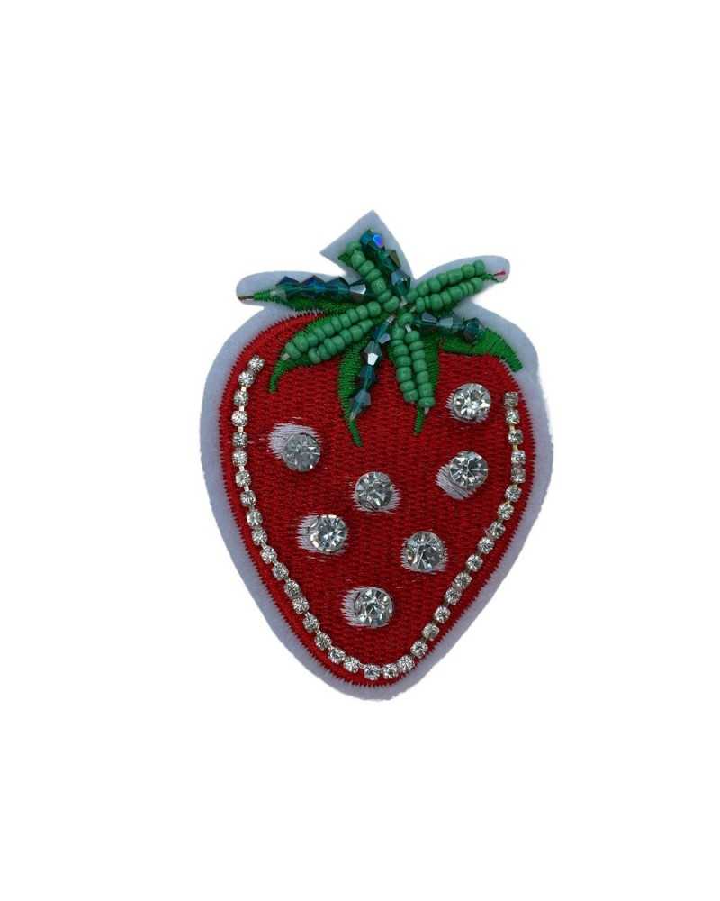 Application Ecusson Thermocollant Fraise Rouge Broderie Perles Strass Cm 8x6