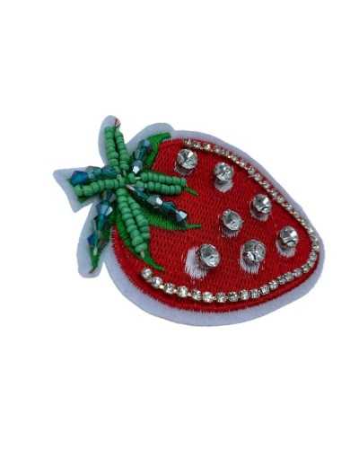 Application Ecusson Thermocollant Fraise Rouge Broderie Perles Strass Cm 8x6