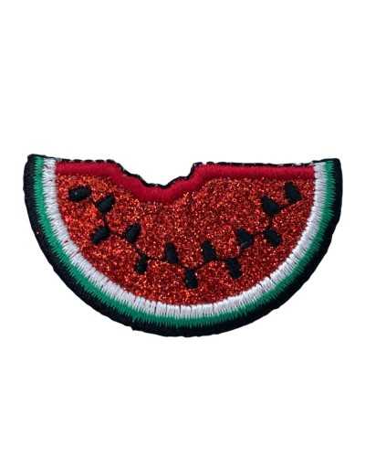 Anwendung Aufbügler Obst Lurex Faden Stickerei Wassermelone Rot Glitzer 5x3 cm