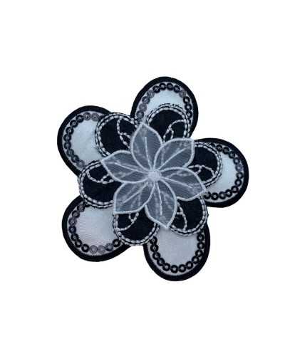 Applicazione Patch Fiore Ricamo Raso Organza Pizzo Bianco Nero 7,5 Cm