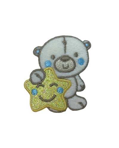 Teddy bear application with yellow glitter star and light blue embroidered cheeks 48x50 mm