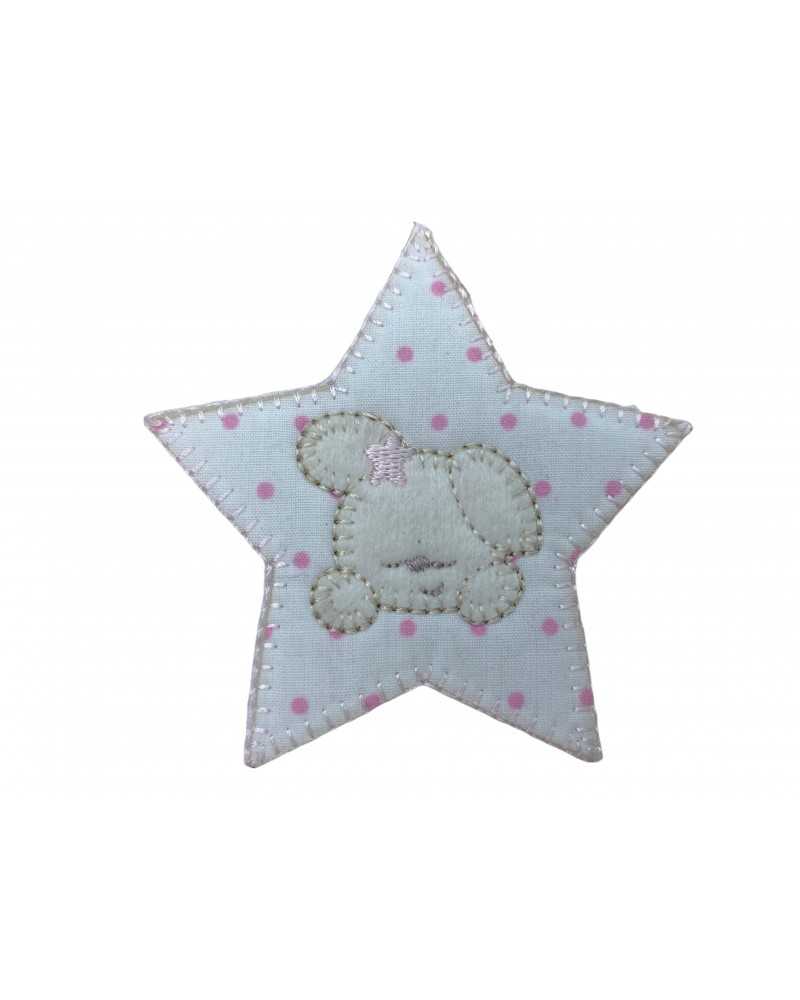 Thermoadhesive Application Patch Embroidery Star Baby Dog Polka Dot Fabric White Base 11 Cm