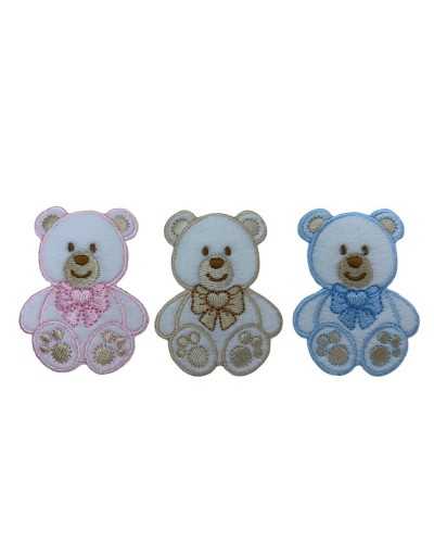 Thermoadhesive Application Patch Marbet Embroidery Baby Velvet White Base Teddy Bear Heart Bow 55x40 Mm