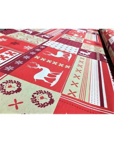 Tela de tapizar loneta mezcla algodón estampado navideño con renos colores rojo y beige alto 280 cm linea oro