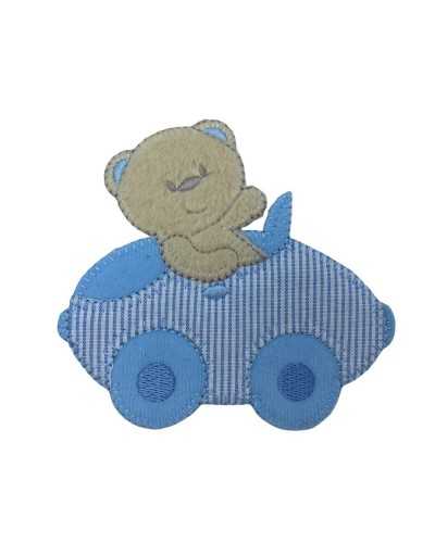 Aufbügelbare Baby-Stickerei, Teddybär, der Auto fährt, Samträder, 10 cm