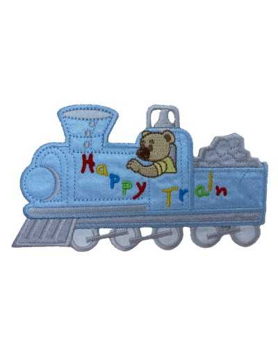 Thermoadhesive Application Satin Fabric Embroidery Baby Train Bear 12x7 Cm