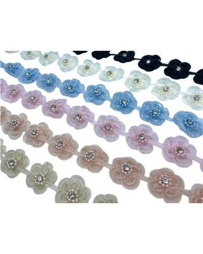 50 Cm Passamaneria Fiori 17 Pezzi Tessuto Organza Strass Perlina Nastro Alto 2,5 Cm