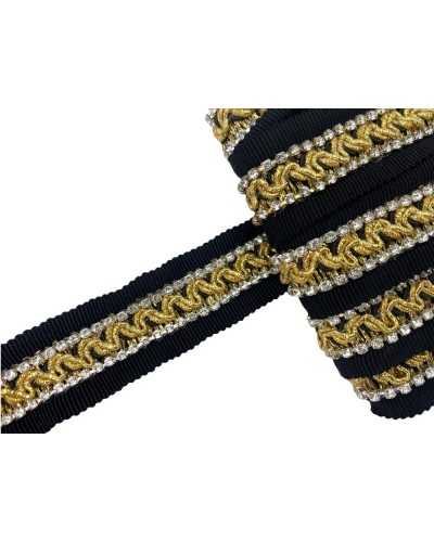 50 Cm Passementerie Ruban Gros Grain Strass Noir Couverture Deux Rangs Argent Or Lurex Broderie Haute 25 Mm