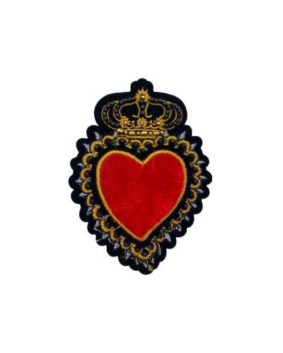 Aufnäher zum Aufnähen, Applikation, Wappen, Stickerei, Lurexfaden, heilige Herzperlen aus rotem Samt, 9 x 6 cm