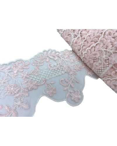 Passamaneria Pizzo Smerlato Merletto Tulle Bianco Ricamo Rosa Alto Cm 9