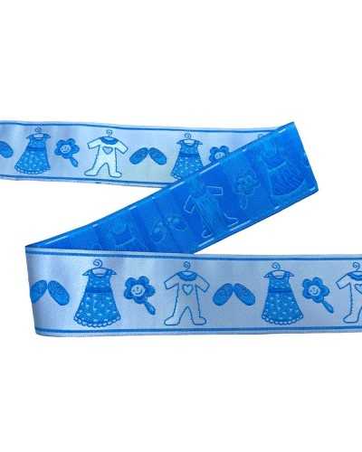 Garniturenband, Gallone, Tiroler Satin, Baby-Stickerei, hellblaue Basis, 3,3 cm hoch