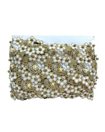 50 Cm Passamaneria Macramè Pizzo Bordo Tramezzo Smerlato Ritagliabile  Bianco Oro Lurex Perline Fiore Alto 8