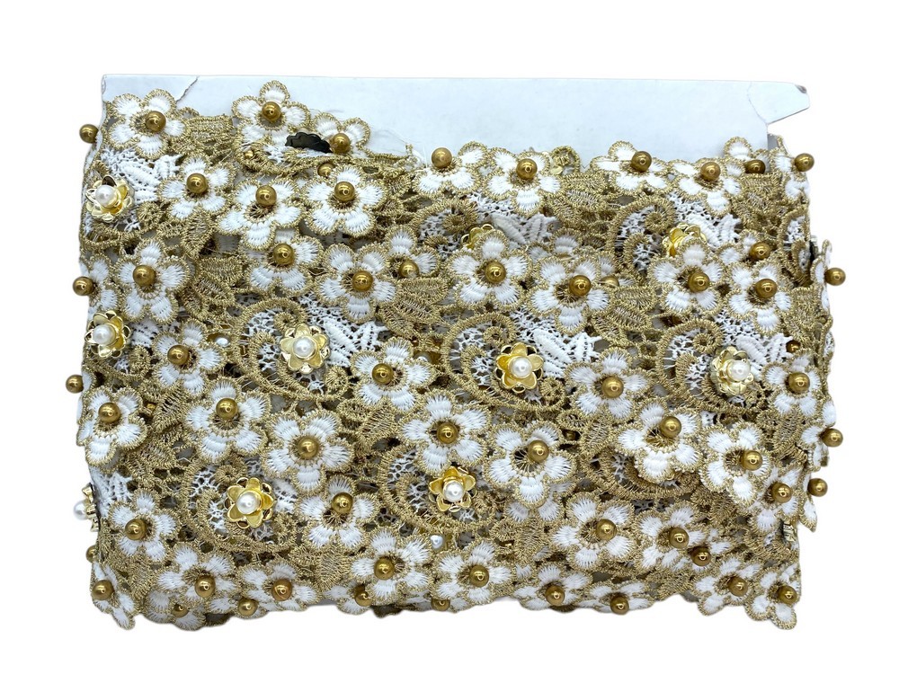 50 Cm Passamaneria Macramè Pizzo Bordo Tramezzo Smerlato Ritagliabile  Bianco Oro Lurex Perline Fiore Alto 8 Cm