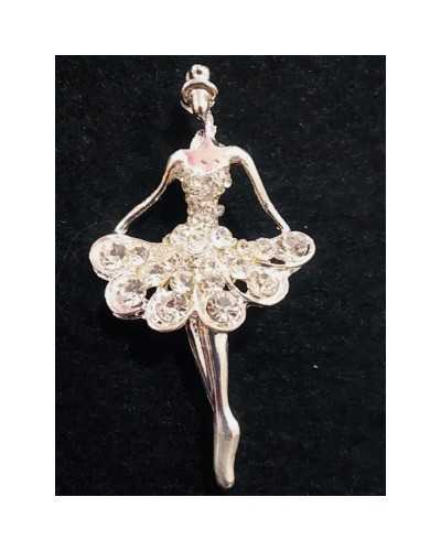 Brooch in silver metal dancing ballerina with hat and large and small rhinestones 54x30 mm