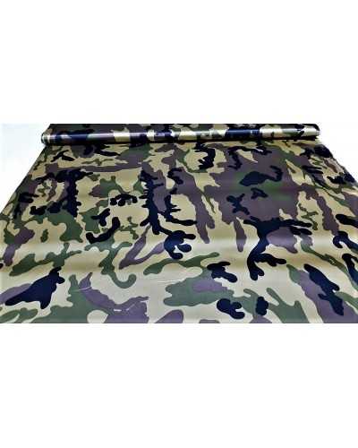 Tissu satin carnaval imprimé camouflage vert militaire 150 cm de haut