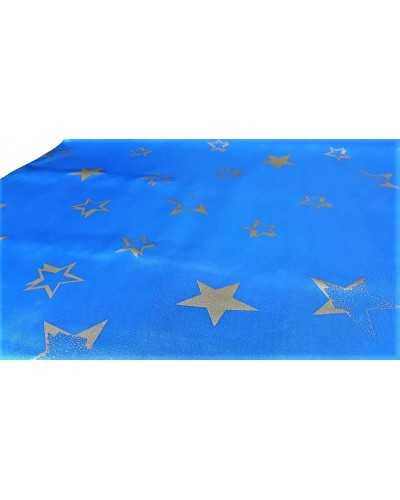 Tela raso carnaval estampado fondo azul estrellado princesa y magos dorados 150 cm alto