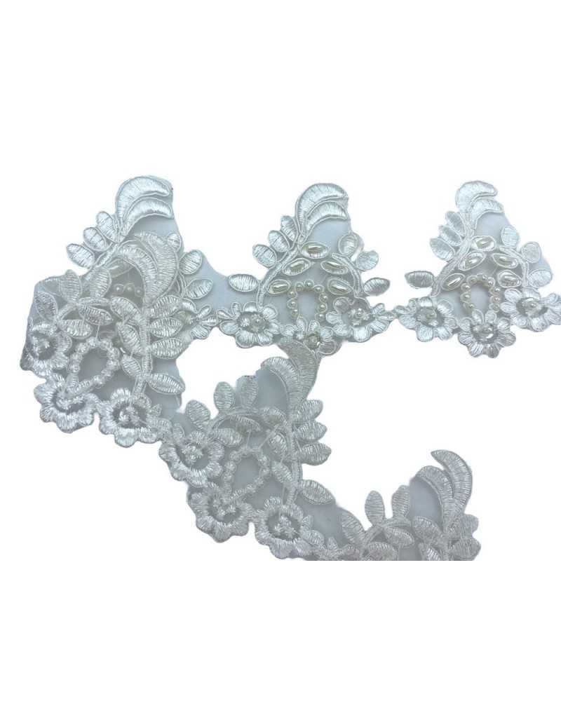 50 Cm Passamaneria Pizzo Rebrodè Fiore Bianco Latte Perle Chicchi  Paillettes Alto 7 Cm