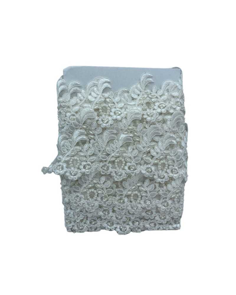 50 Cm Passamaneria Pizzo Rebrodè Fiore Bianco Latte Perle Chicchi  Paillettes Alto 7 Cm