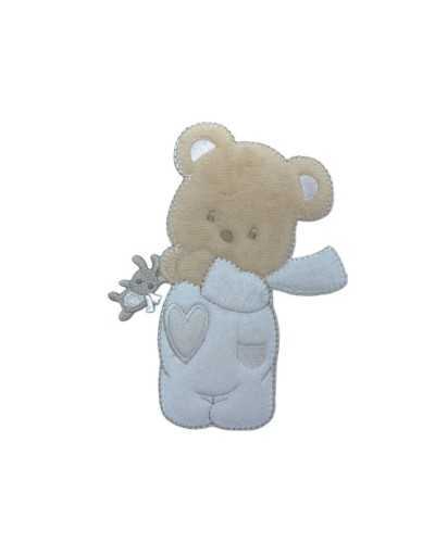Thermoadhäsive Anwendung, Baby-Teddybär, Hase, beiges Samtherz, 13 x 10 cm