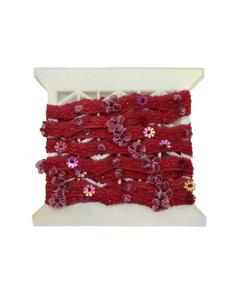 50 Cm Passamaneria Rosso Fiorellini Organza Bordeaux Paillettes Perlina  Strass alto 15 mm