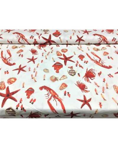 50 Cm Upholstery Fabric Panama Print Lobster Starfish Shells Fish White Background High 2.90 Mt